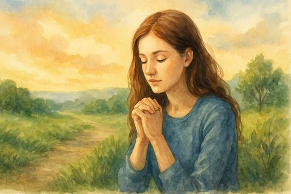 Illustration aquarelle d’une femme chrétienne en prière dans un paysage paisible, symbolisant le désir de commencer une vie avec Dieu.