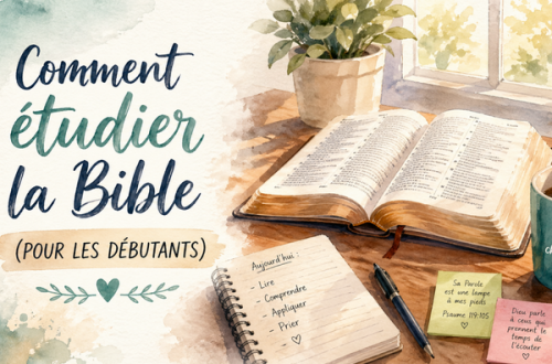 Illustration aquarelle d’un bureau lumineux avec une Bible ouverte, un carnet et une tasse, représentant comment étudier la Bible pour débutants dans un moment calme et inspirant.