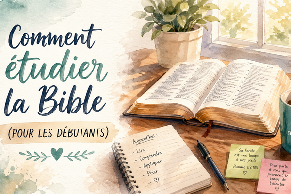 Illustration aquarelle d’un bureau lumineux avec une Bible ouverte, un carnet et une tasse, représentant comment étudier la Bible pour débutants dans un moment calme et inspirant.