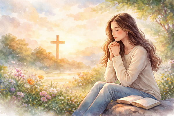 Illustration aquarelle d’une femme en prière dans un paysage apaisant, représentant comment prier quand on ne sais pas quoi dire