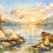 Illustration aquarelle paisible avec une Bible ouverte, une croix, des colombes et un lac au coucher de soleil, symbolisant des versets bibliques pour la paix intérieure.