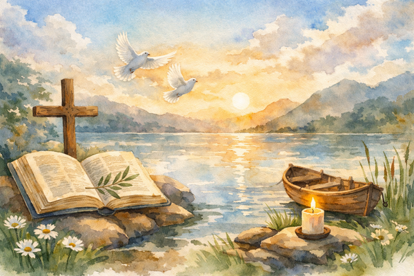 Illustration aquarelle paisible avec une Bible ouverte, une croix, des colombes et un lac au coucher de soleil, symbolisant des versets bibliques pour la paix intérieure.